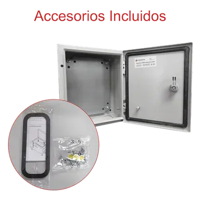 Galería 7 de Gabinete de Acero IP66 Uso en Intemperie (250 x 300 x 150 mm) con Placa Trasera Interior Metálica y Compuerta Inferior Atornillable (Incluye Chapa y Llave T).