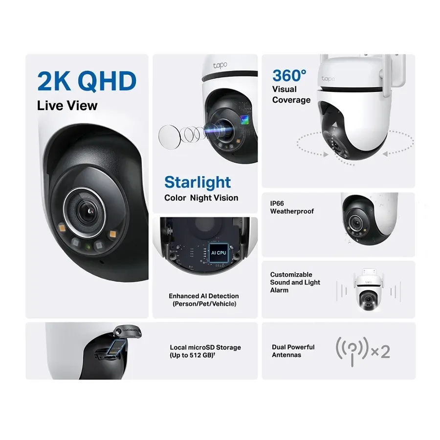 Galería 3 de CAMARA IP TAPO C520WS WIFI EXTERIOR 360 PANORAMICA VISION NOCTURNA A COLOR IP66 ALMACENAMIENTO DE HASTA 512GB 2K QHD DETECCION PERSONAS,MASCOTAS. AUTOS