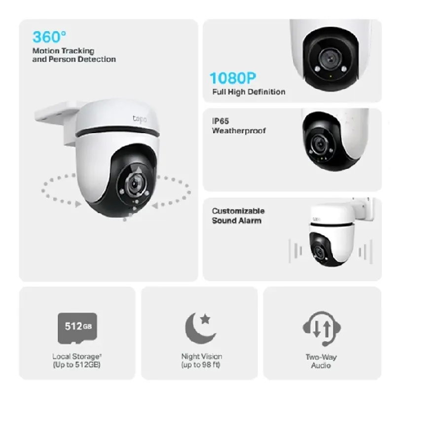 Galería 4 de CAMARA IP TP-LINK TAPO C500 WIFI EXTERIOR 2 MP1080P VISION PANORAMICA 360 RESISTENTE AGUA Y POLVO IP65 MICROSD 512GB VISION NOCTURNA DETECCION DE MOVIMIENTO AUDIO BIDIRECCIONAL